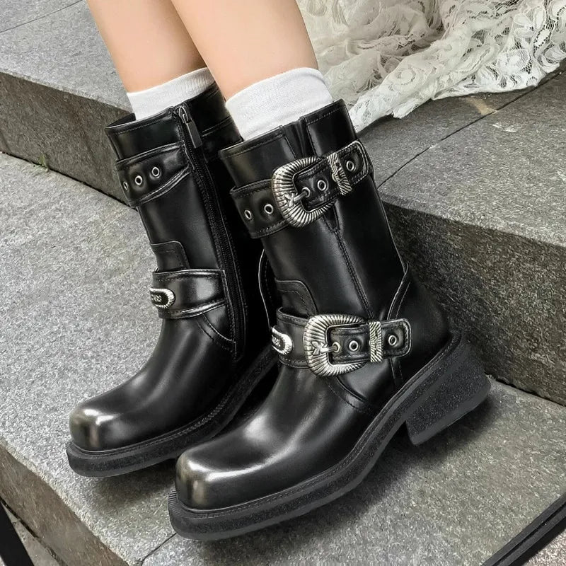 Metal Belt Buckle Motorcycle Boots Rivet Patent Leather Platform Wedge High heels Chunky Boots Shoes